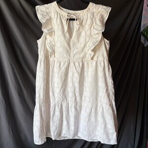 LOFT Shimmer Clip Short Dress White  Gold Tie Neck Ruffle Detail Feminine MED